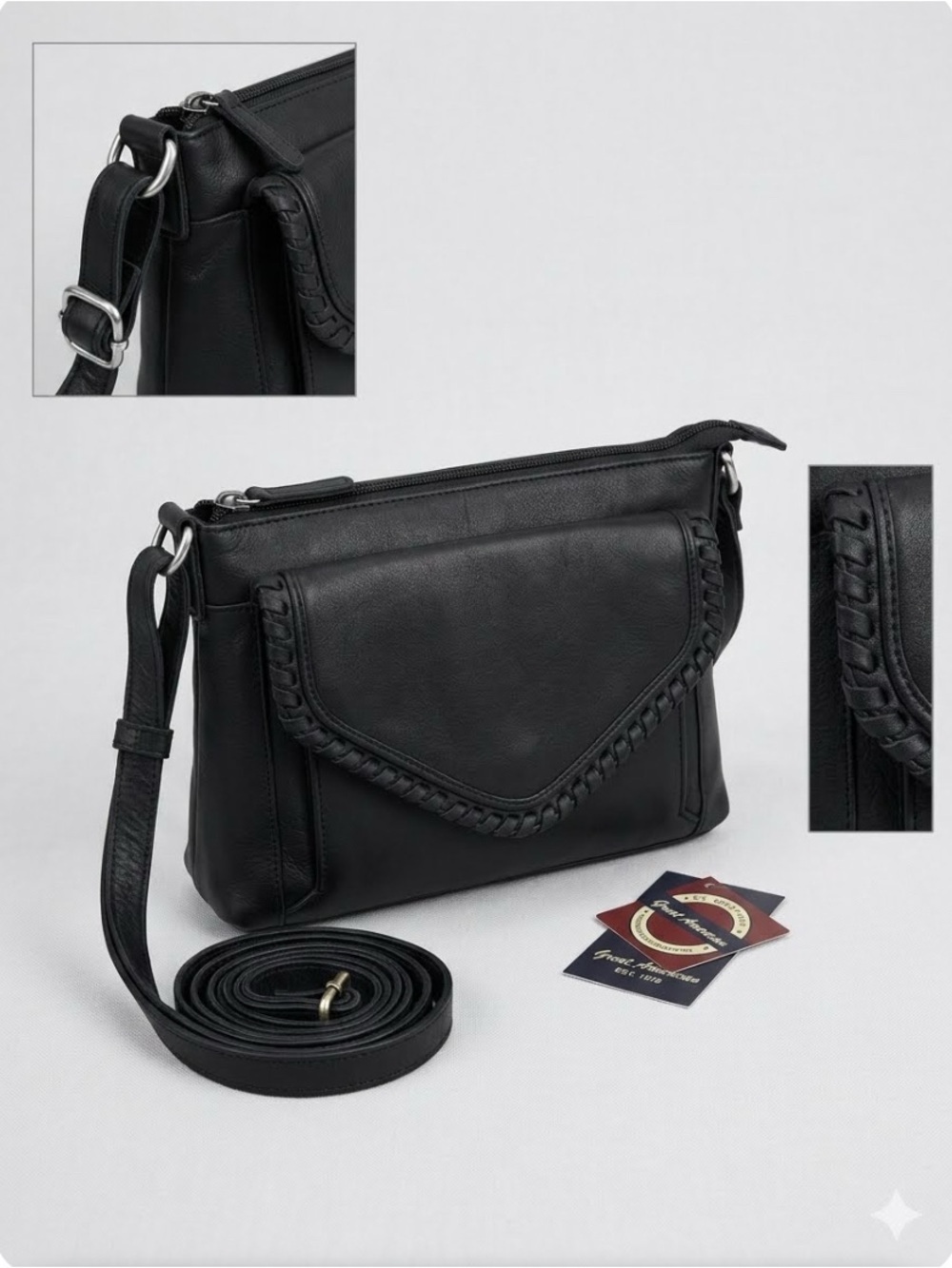 Great American Leatherworks Black 100 % Leather Crossbody Bag with Braided Flap